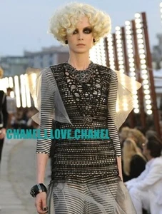 CHANEL 10C BLACK/WHITE STRIPED STRETCH VELVET SWEATER TOP,38,NEW - Picture 1 of 6