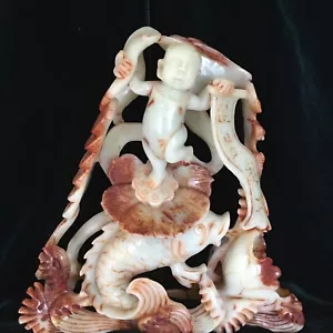 Chinesische Shousan Specksteinschnitzerei 10,5"" Coy Fisch Münzen Baby Buddha nicht signiert - Bild 1 von 15