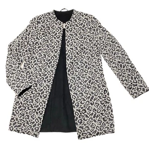 Betsy Johnson Black Snow Leopard Print Reversible Coat Wool Blend Women's Large - Picture 1 of 13