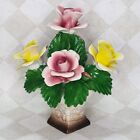 Panier de fleurs Capodimonte rose jaune roses Nuova Italie porcelaine 10"