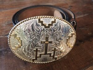 Rare Vintage Justin Belt Buckle Mission With Crosses Silver With Belt 40”