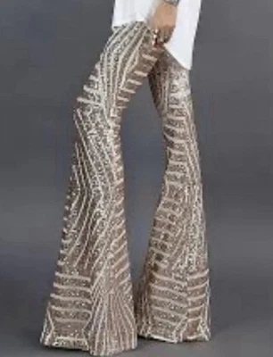 Pantalones acampanados de lentejuelas tiro alto oro rosa para mujer talla 2XL Swiftie brillantes elásticos Foto 1 de 4