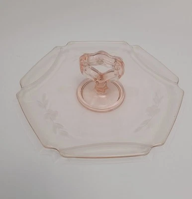 Vintage Pink Floral Etched Depression Glass Center Handle Caddy Tray Hexagon - image 1 of 4