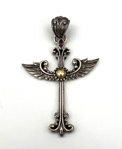Beautiful Sterling Silver .925 & 18K Gold 1 3/4" Winged Cross Pendant - Signed - Picture 1 of 14