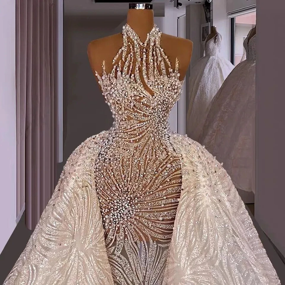 White Luxury Wedding Dress With Detachable Train For Bride Dubai 2025 Pearls  - Image 1 of 1