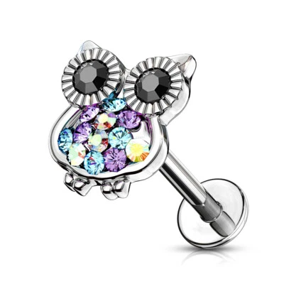 Edelstahl Labret Monroe Tragus Helix Ohrstecker 6mm 8mm Eule Owl Zirkonia CZ - Bild 1 von 3