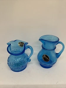 2 Vintage Kanawha Miniature Blue Glass Mini Creamer Pitcher Set With Label 4” - Picture 1 of 6