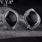 V.YA Vintage Style Red or Black Agate Stone, 925 Sterling Silver Earrings