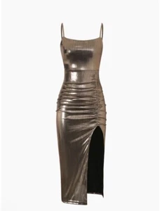 Micas Metallic Ruched Slit Midi Dress NWT Small Gold - Picture 1 of 5