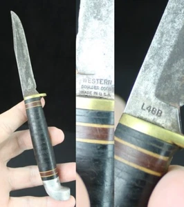 Vintage Western L48B Hunting Knife BOULDER COLO USA stacked leather ESTATE SALE - Picture 1 of 9