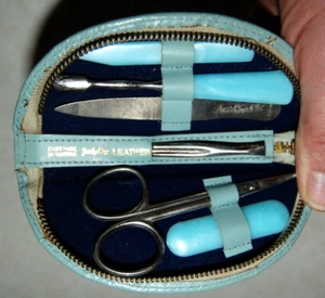Vintage Germany Manicure Set w/Blue Austria made Leather Case-Special Triple Cut - Picture 1 of 6