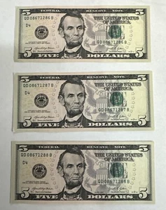 3 Uncirculated $5 Dollar Bills Series 2021 Sequential Notes - Low Back Plate # - Picture 1 of 7