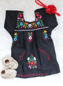 Traditional Mexican Girls Dress Embroidered Multi Color Flowers Dress SZ 6M-4T