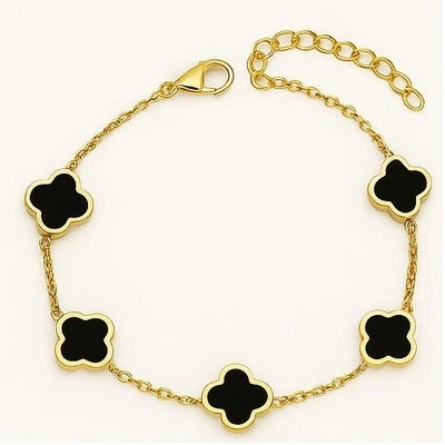 Damen Armband Gold 14K vergoldet | Edelstahl | Schwarze Blumen | Geschenkidee - Bild 1 von 4