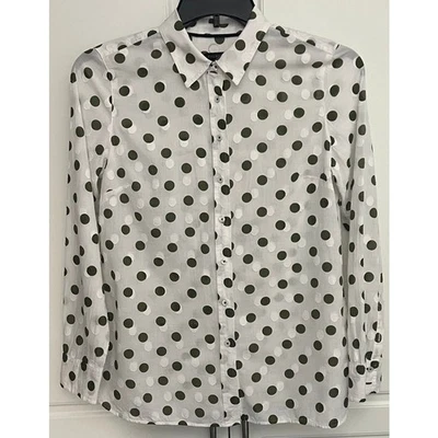 Talbots Classic Cotton Button Front Shirt White w/Green White Dots Size S  - Image 1 of 4