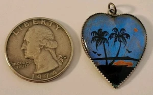 Vintage Sterling Silver BUTTERFLY WINGS HEART Pendant Palm Trees NICE - Picture 1 of 5
