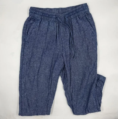 Pantalones antiguos azul marino para mujer mezcla de lino XS azul cintura elástica cordón recortado relajado Foto 1 de 4