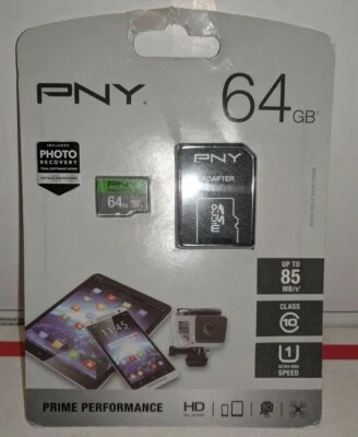 PNY 64 GB Micro SDXC Flash Card With Adapter NEW AUTHENTIC - Image 1 of 2
