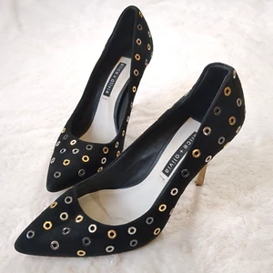 Alice + Olivia Adly Suede Grommet Heels Women US 9 Black Gold Sexy Girl Boss - Picture 1 of 12