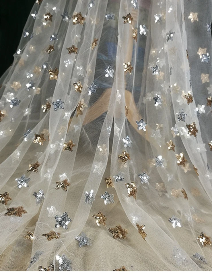 Gold Star Sequins Soft Lace Mesh Fabric Embroidery Dress By Metre Fashion New - image 1 of 1