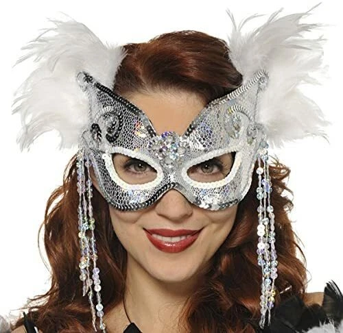 Burlesque Mask - Sparkling Ice White & Silver Feather Masquerade Mask - New! - Image 1 of 1