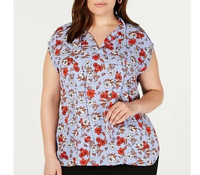 Blusa Bar III feminina Plus 2X azul vermelha hortênsia estampa floral múltipla gola redonda nova com etiquetas - Imagem 1 de 4