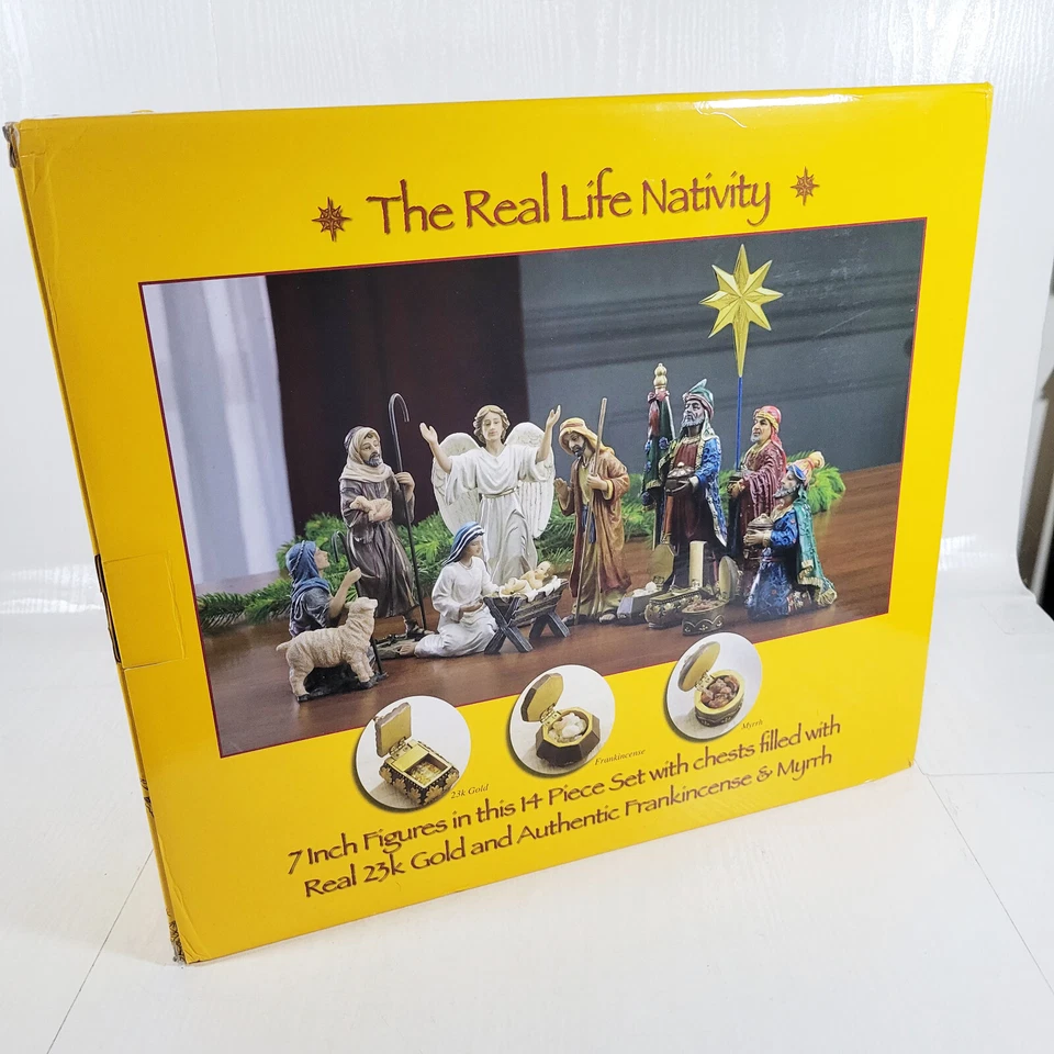 14 PC Real Life Nativity 7 Inch Three Kings Gifts Frankincense Myrrh 23k Gold