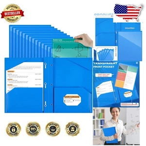 3-Prong Plastic Folders in Blue - Clear Pocket Design for School & Office Use - Picture 1 of 8