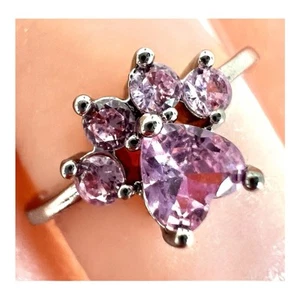Silver Ring Size M Adjustable Pink Cats Paw Cubic Zirconia Jewellery Gift - Picture 1 of 18
