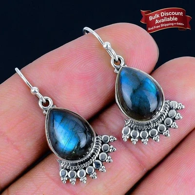 Labradorite Stone 925 Silver Cyber Monday Dangle Drop Hook Wife Earrings Jewelry - Image 1 of 4