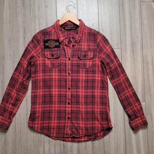 Harley Davidson Flannel Shirt Women's Small Red/Black Plaid Patch Logo Biker - Picture 1 of 11
