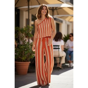 Free People Orange Beige Striped One Shoulder Crochet Knit Wide Leg Pants Set - Picture 1 of 5