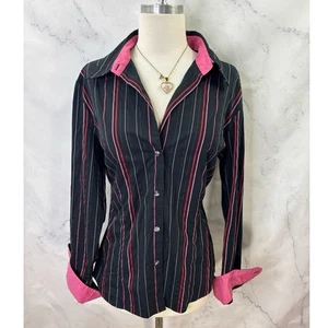 Camisa abotonada vintage Y2k para mujer talla L negra rosa a rayas sirena de oficina años 2000 - Imagen 1 de 18