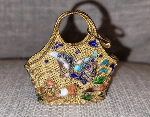 Vintage Gold Tone Mesh Cloisonne Enamel Basket Purse Pendant Butterfly  - Picture 1 of 4