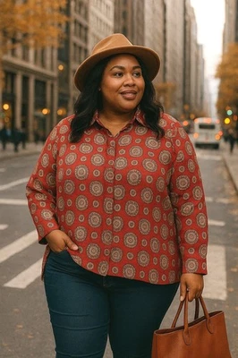 Blusa Christie & Jill Roja Estampado Geométrico Botón Frontal Talla 20 Top Retro Boho Foto 1 de 4