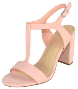 Delicious Women Ankle T-Strap Block High Heel Sandals Open Toe REGENT Light Pink - Picture 1 of 3