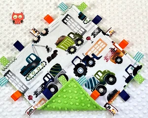 Double Minky! Trucks Vehicles Minky & Green Minky Taggie Security Blanket, Baby - Picture 1 of 1