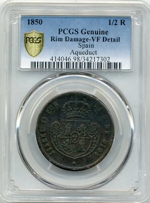 1850 Spain 1/2 Real, Aqueduct, Isabel II - PCGS VF Detail - Image 1 of 3