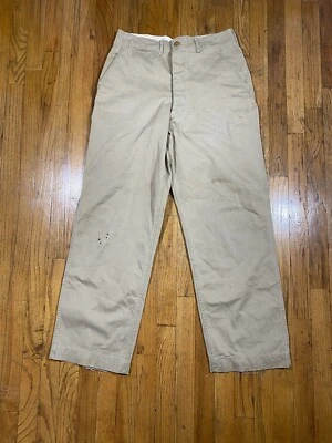 Vintage WW2 Khaki Chino Pants Button Fly 1940s Work Wear Uniform 30x30 Wide Leg - Image 1 of 4