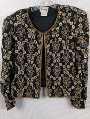 Chaqueta de seda negra vintage Stenay con cuentas doradas y bordados talla grande Foto 1 de 4