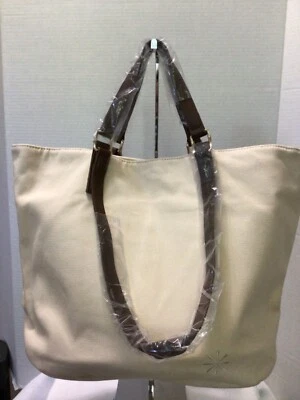 Bolsa tote Isaac Mizrahi lona natural viva Bridgehampton interior listrado amarelo - Imagem 1 de 4