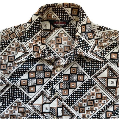 Винтажная диско-рубашка Jaymar большая черная желтовато-коричневая с абстрактным узором ацетатная гладкая 70-е - Изображение 1 из 4