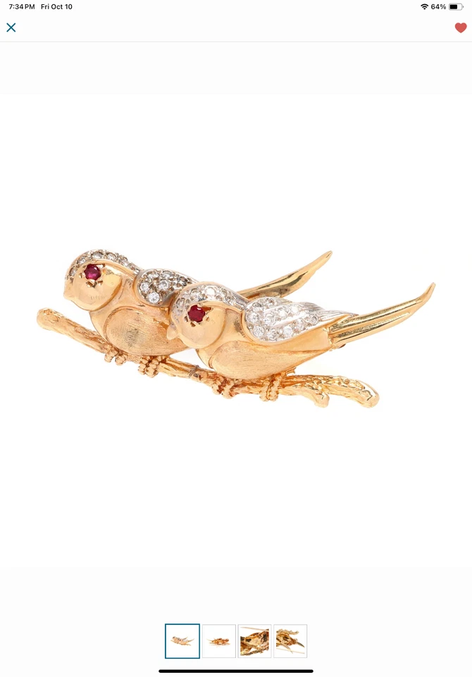 Broche/colgante de oro 14K/diamantes y pájaros rubí Foto 1 de 4