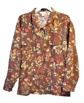 SILHOUETTES Beautiful Brown Cotton Floral Jacket 5X Button Front, excl cond - Image 1 of 4
