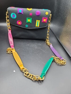 BOLSO BANDOLERA Vintage J RENEE Negro Satinado Sobre Multicolor Foto 1 de 4