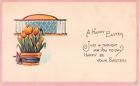 Yellow Tulips in Flower Pot Near Window on Old Art Deco Easter Postcard-No. 6579