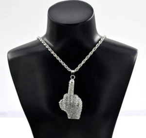 Middle Finger F You Hip Hop Iced Necklace Pendant - Silver - Picture 1 of 2