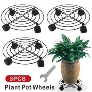 27cm Plant Pot Round Wheel Mover Trolley Caddy Garden Plate Metal Stand Set of 3 - Picture 1 of 16