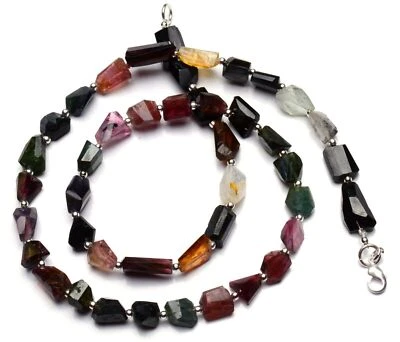 Natural Gem Multi color Tourmaline Faceted Freeform Nugget Beads Necklace 19" - Image 1 of 4