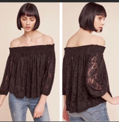 Top Anthropologie Deletta Sommer manga 3/4 fuera del hombro negro encaje ajustado  Foto 1 de 4